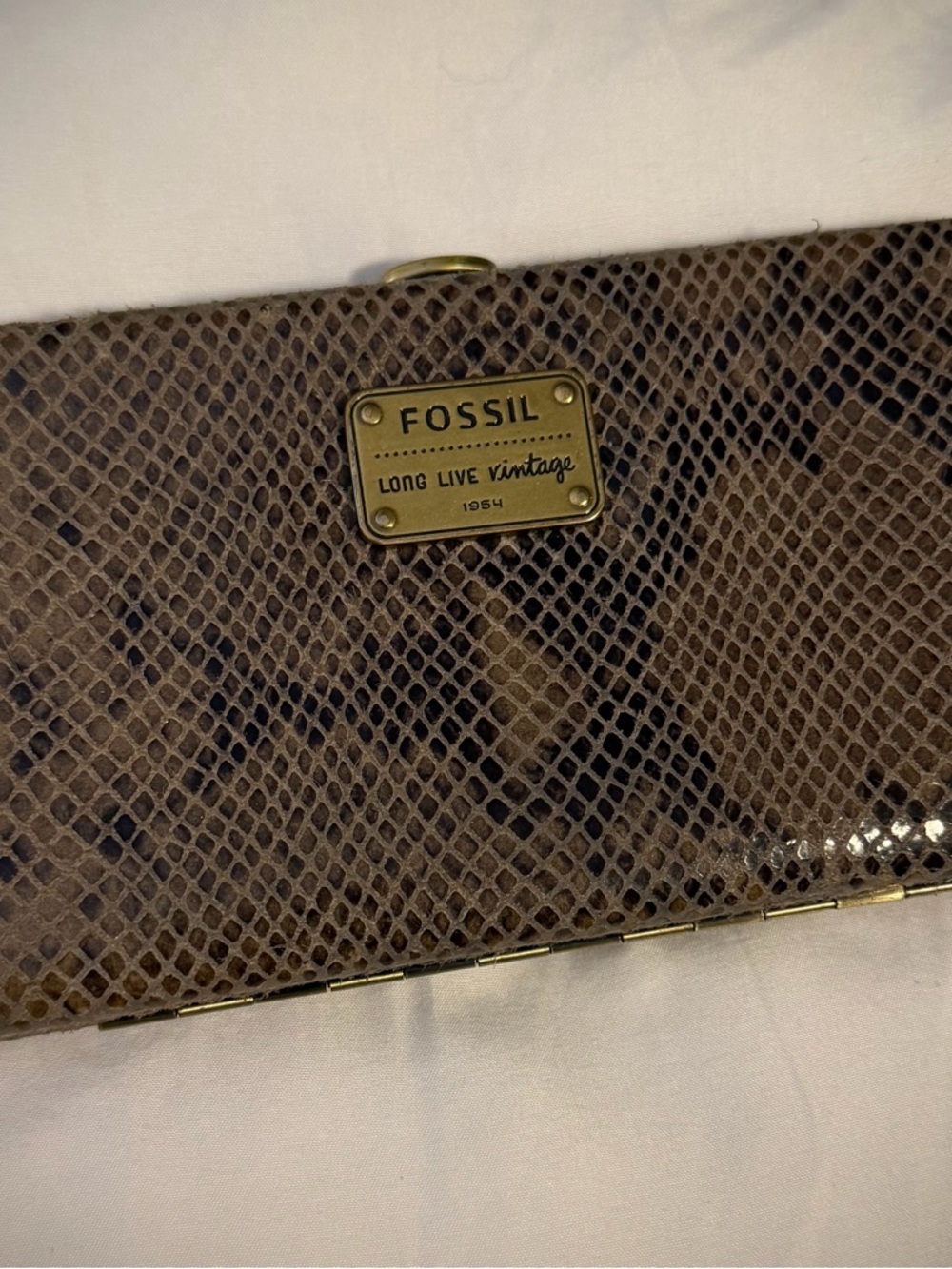 Fossil Brown Snake-Print Leather Wallet with Brass Plate
